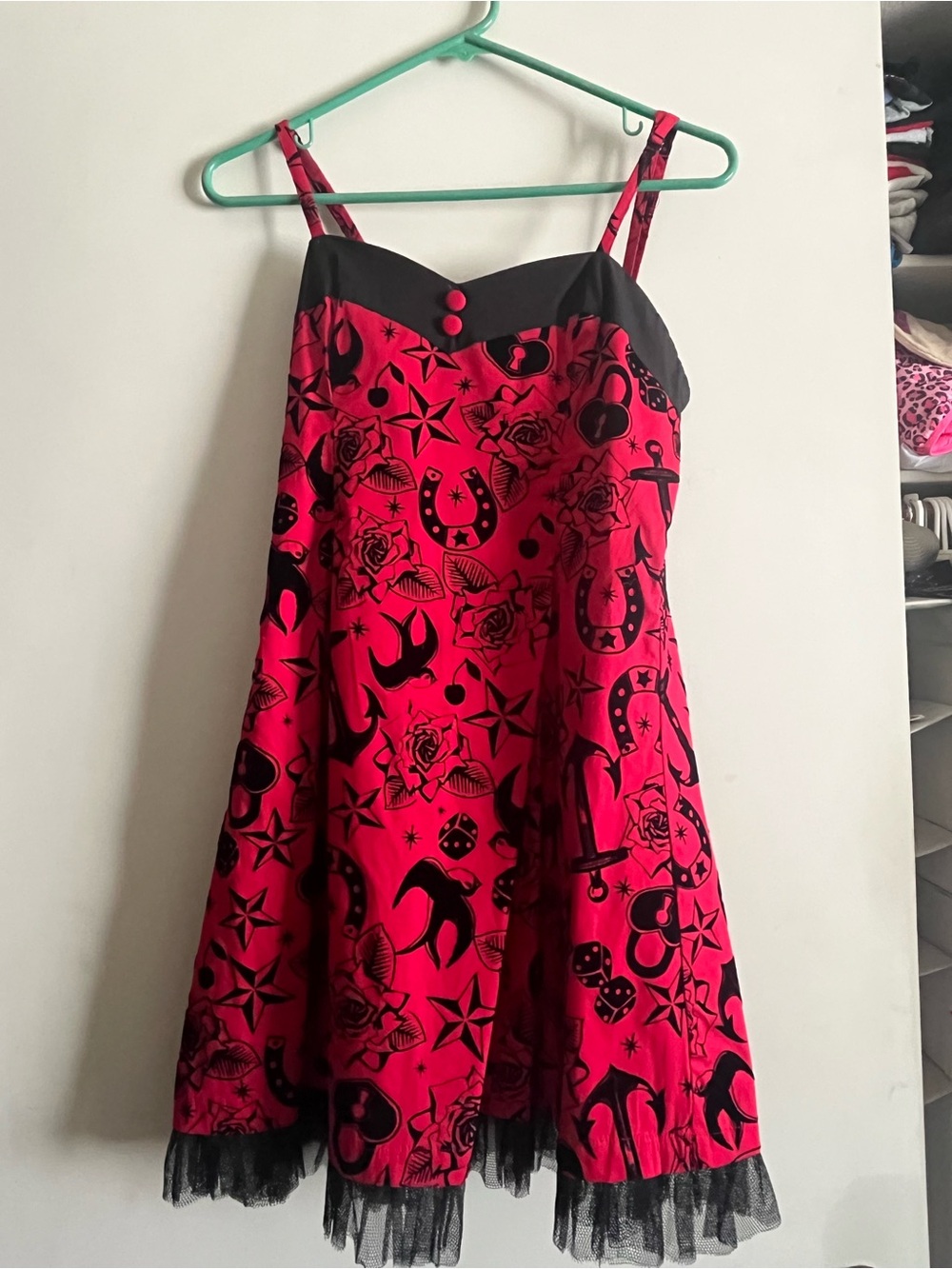 Women’s Red and Black Tattoo Print A-Line Dress
